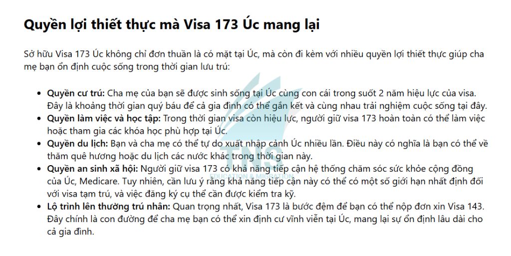 Quyền lợi Visa 173 Úc