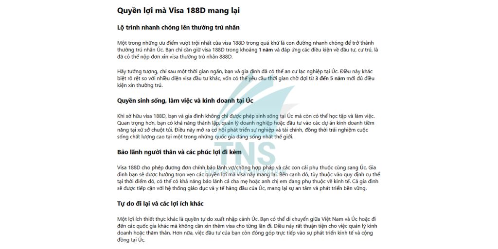 Quyền lợi mà Visa 188D mang lại