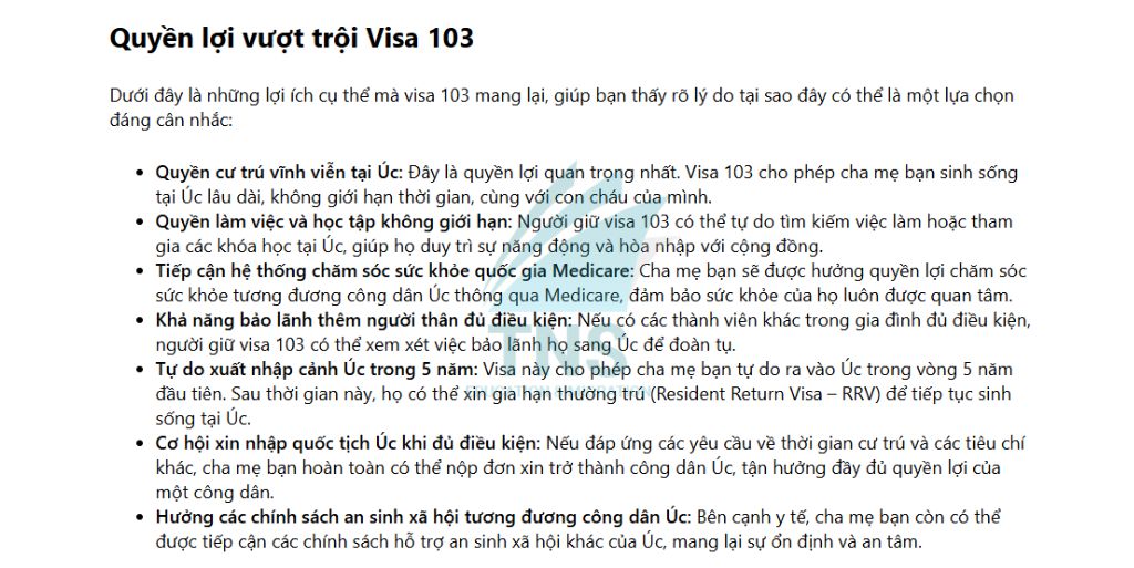 Quyền lợi vượt trội của Visa 103 Úc
