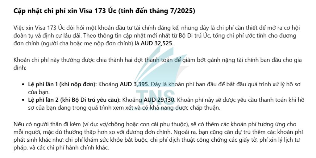 Thông tin cập nhật chi phí Visa 173 Úc