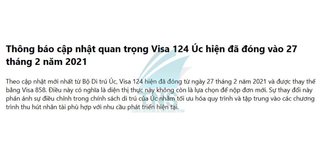 Thông tin cập nhật quan trọng Visa 124 Úc hiện đã đóng vào 27 tháng 2 năm 2021