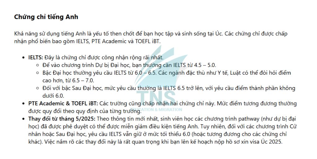 Yêu cầu chứng chỉ tiếng Anh để làm thủ tục du học Úc
