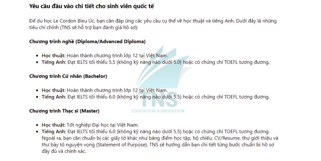 Yêu cầu đầu vào chi tiết cho sinh viên quốc tế