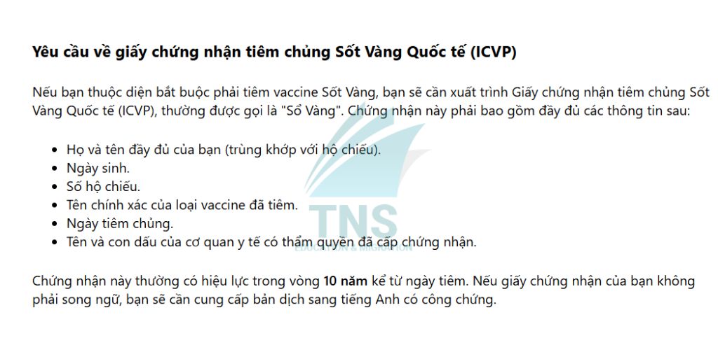 Yêu cầu về giấy chứng nhận tiêm chủng Sốt Vàng Quốc tế (ICVP)