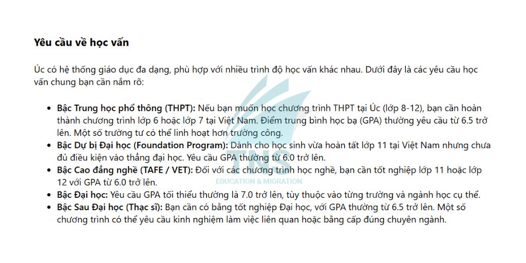 Yêu cầu về học vấn để làm thủ tục du học Úc