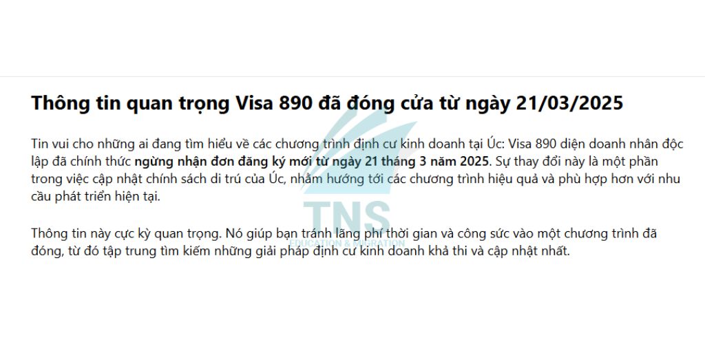 Thông tin quan trọng Visa 890 đã đóng cửa từ ngày 21/03/2025