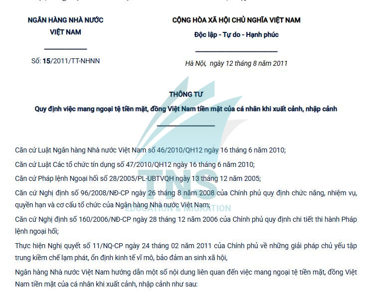 Thông tư 15/2011/TT-NHNN