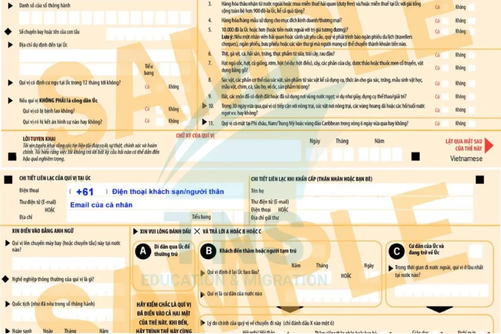 Mẫu tờ khai nhập cảnh Úc cần được điền đầy đủ và chính xác khi đến sân bay