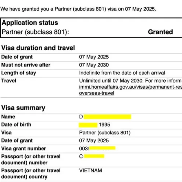 visa 801 úc cho chi Dung
