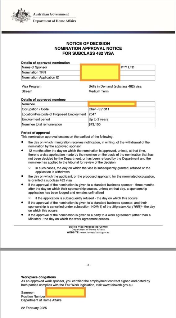 Bắt đầu tuần mới với 1 Nomination approval cho Visa 482. Chúc mừng khách hàng TNS đã có bảo lãnh được 1 Chef làm việc cho nhà hàng trong 2 năm tới !! (Sau 2 năm làm việc trên Visa 482, nhà hàng có thể tiếp tục bảo lãnh nhân viên lên tiếp Visa 186 (PR))