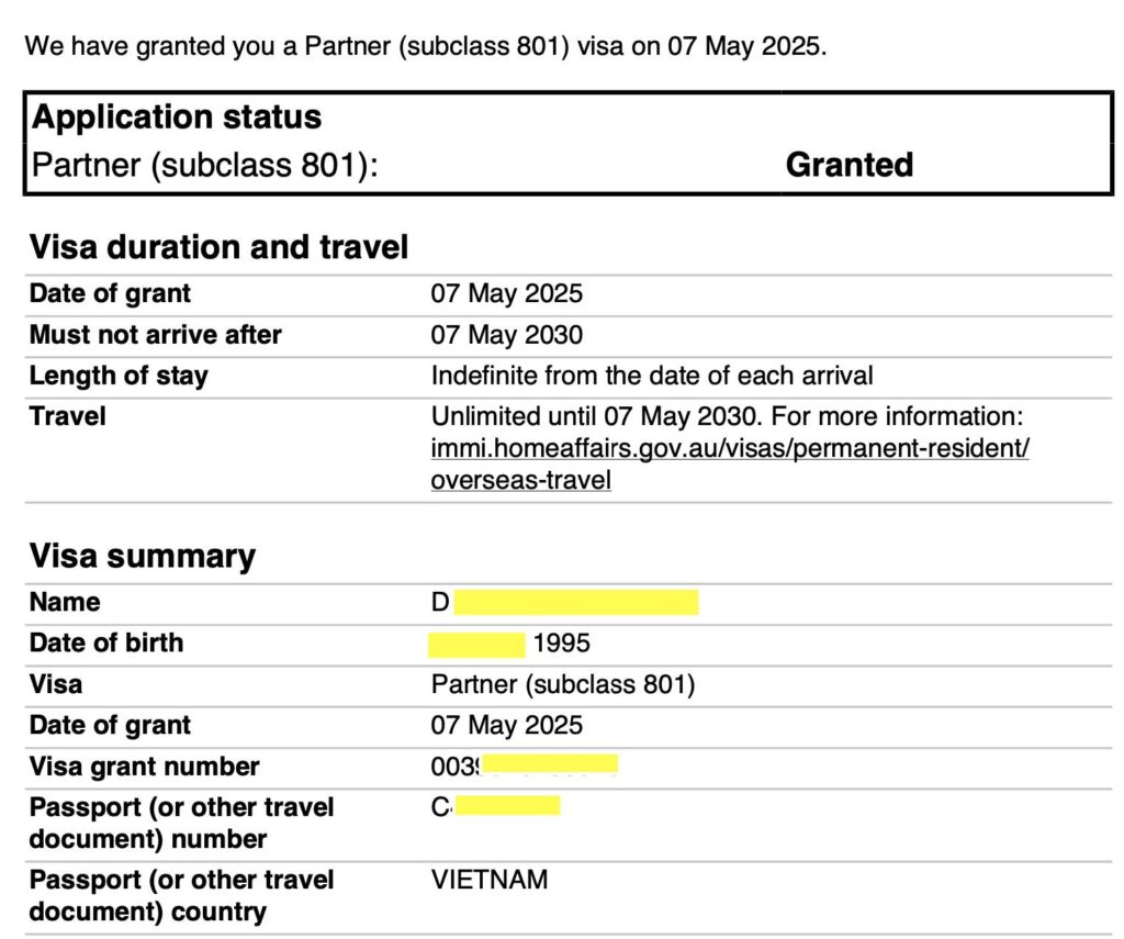 Chúc mừng bạn Dung đã có partner visa 801 sau khi Di Trú TNS submit hồ sơ cho bạn 6 tháng trước. Dung từng nộp hồ sơ student visa do Du Học TNS hỗ trợ, sau đó bạn kết hôn và apply có TR (visa 820) năm 2023, cuối năm 2024 bạn được request bổ sung hồ sơ lên partner visa 801.