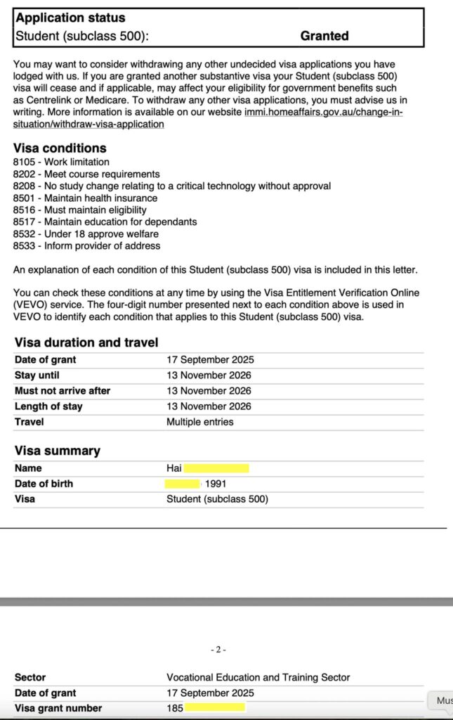 Chúc mừng bạn Hải đã gia hạn visa cho khoá Cert iii in Nail technology + Diploma of Beauty Therapy với mức học phí $10,000/năm. Những khoá học quá "hot" để có thể apply employer sponsored visa 482.