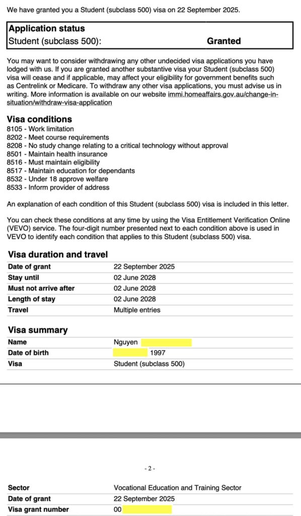 Chúc mừng bạn Nguyên đã gia hạn visa thành công cho khoá certificate iv cookery + advanced diploma hospitality với mức học phí $10,000/năm