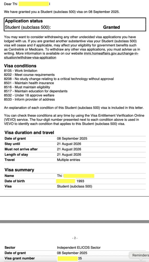 chúc mừng bạn Thi đã chuyển thành công từ visa 462 sang student visa 500 để học tiếng anh 1 năm tại Perth. Đây là bước khởi đầu cho visa học nghề tiếp theo.