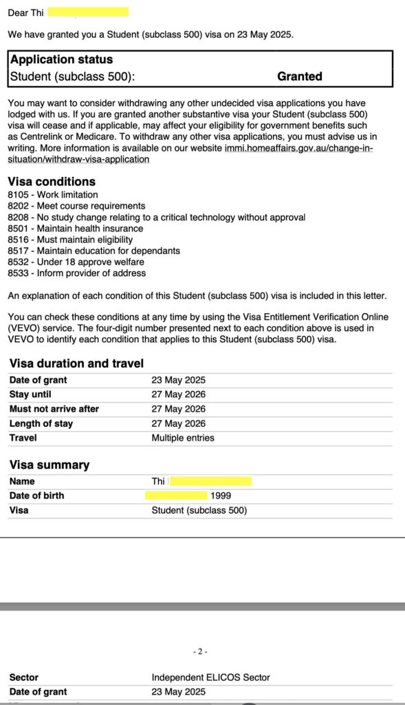 chúc mừng bạn Thi đã có visa du học chuyển đổi từ visa 462. Dạo gần đây di trú cũng xét khó hơn cho những trường hợp visa 462 sang 500. Hồ sơ của bạn may mắn khi có visa học tiếng anh 1 năm để luyện IELTS ngay tại Sydney, trước khi vào khoá Early childhood như mong muốn. Các khoá tiếng anh đều khoảng $10,000/năm tại Melbourne, Sydney, Perth, Adelaide, Brisbane, etc.
