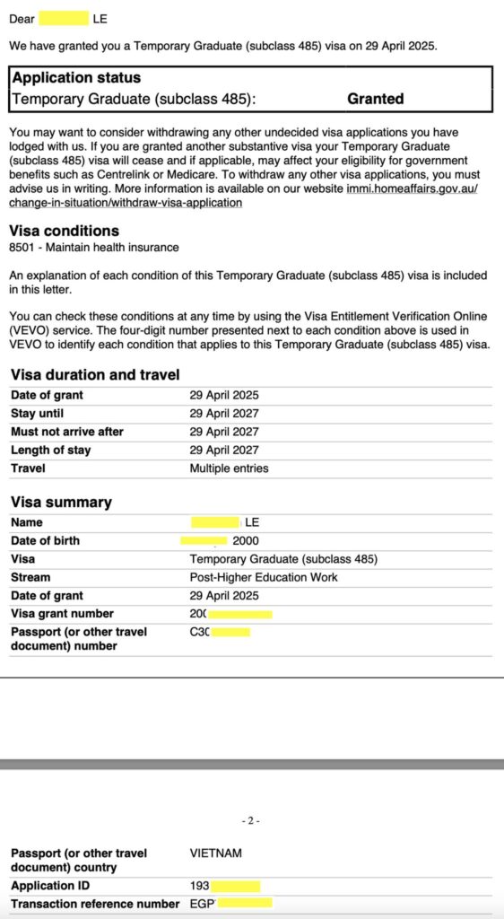 chúc mừng bạn Lê có visa 485 sau 2 tuần, rất nhanh-gọn- lẹ khi nộp hồ sơ đầy đủ. Giờ bạn có 2 năm chuẩn bị kiếm thêm điểm kinh nghiệm và thi lại PTE cho visa 189-190 ngành Early Childhood.