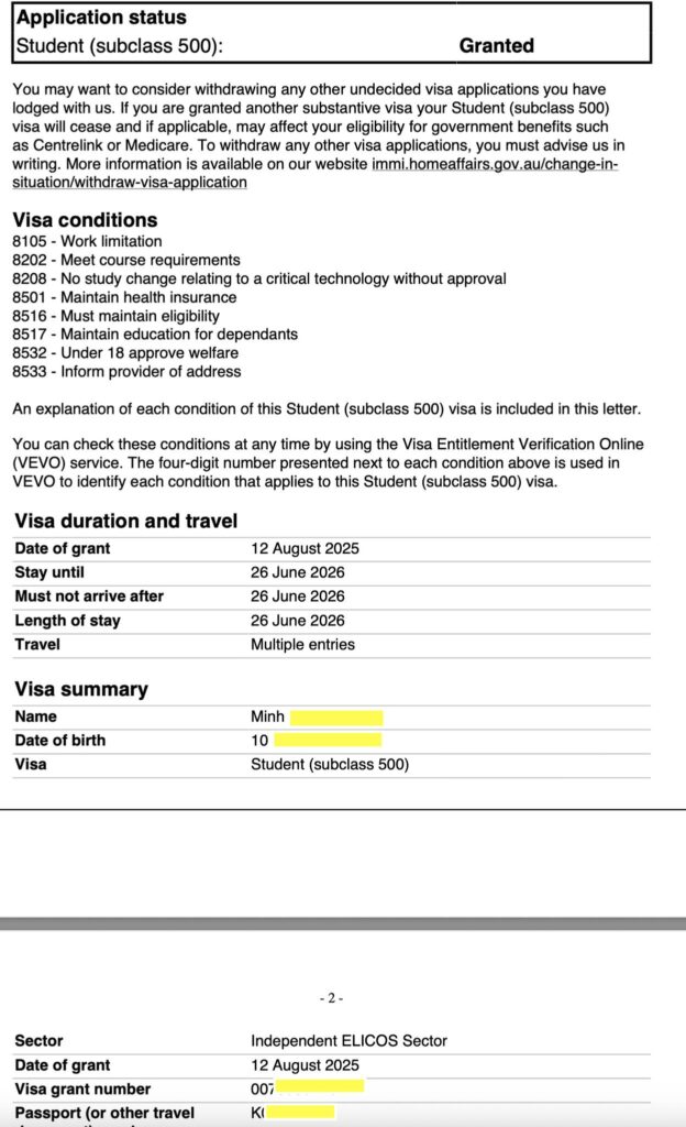 Chúc mừng bạn Minh đã chuyển thành công từ visa 462 sang student visa 500 để học tiếng anh 1 năm. Đây là cơ hội tốt để bạn cải thiện tiếng anh và tiếp tục xin visa học nghề sau này