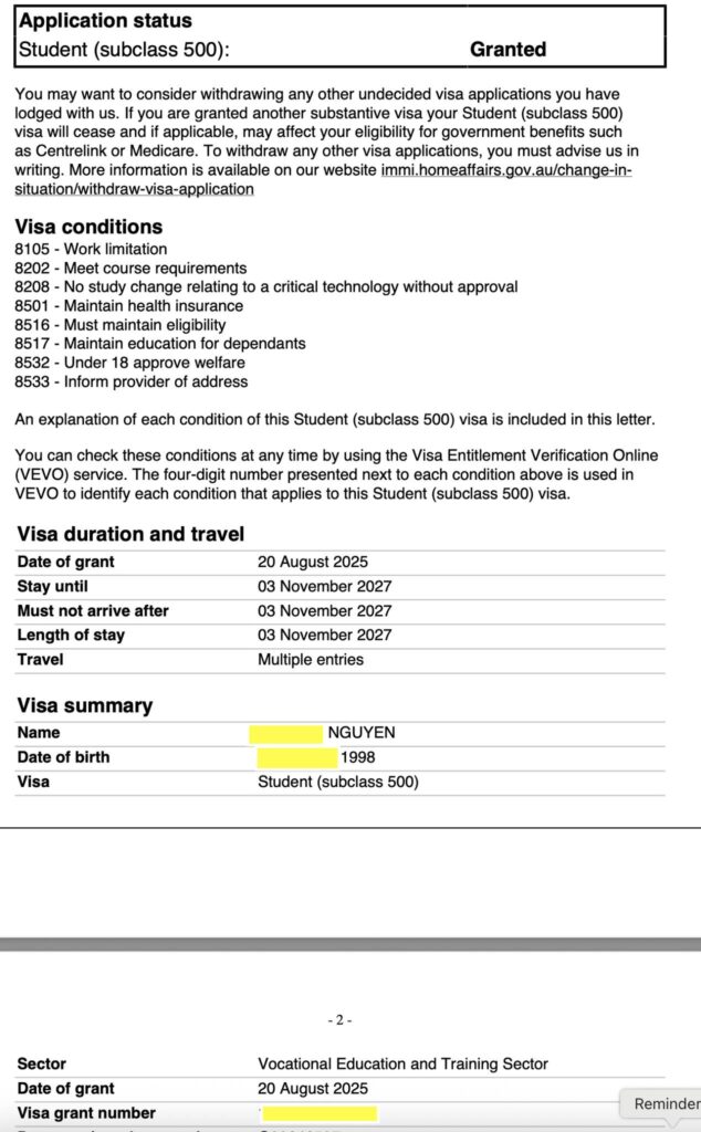 Chúc mừng bạn Nguyễn đã có thêm visa 2 năm để hoàn thành khoá cookery như mong muốn. Mặc dù đã có bằng advanced diploma IT nhưng bạn vẫn muốn thử sức 1 khoá học nghề khác, thời gian đợi visa 6 tháng và may mắn có visa nghề.