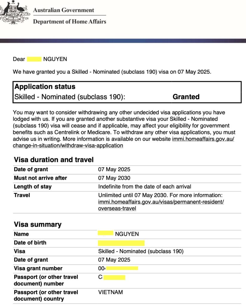 chúc mừng bạn Nguyễn đã lên đỉnh OlymPR, Skilled - Nominated (subclass 190) visa cùng Di Trú TNS