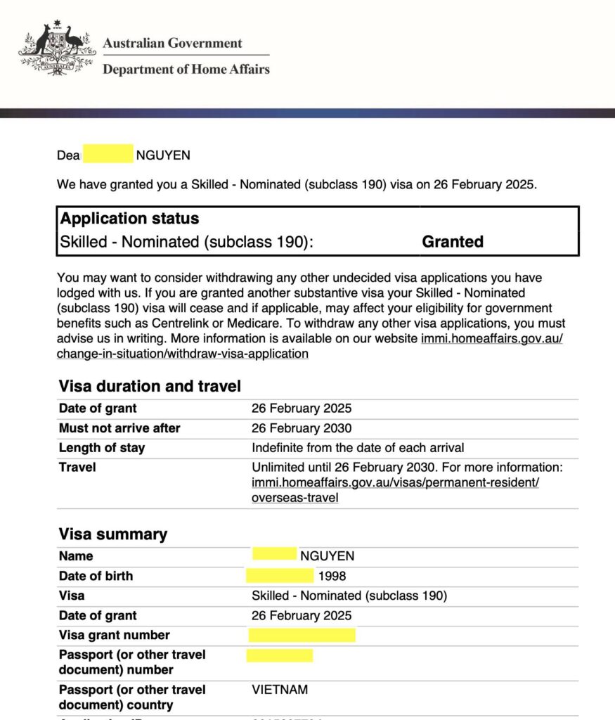 chúc mừng bạn Nguyên đã lên đỉnh OlymPR thành công cùng Di Trú TNS. Nguyên từng qua Úc học bachelor of accounting, khi ra trường do accounting cạnh tranh quá cao cho 189,190 Di Trú TNS đã tư vấn cho bạn chọn học Master of Social Work 2.5 năm. Sau 2,5 năm, bạn vừa có công việc đúng ngành, được bang NSW cho thư mời visa 190 và apply có PR trong 3 tuần ( NSW đang ưu tiên Social Worker)
