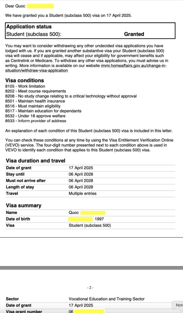 chúc mừng bạn Quốc đã có visa 3 năm tiếp tục cho khoá học nghề $6000/năm mà bạn mong muốn.