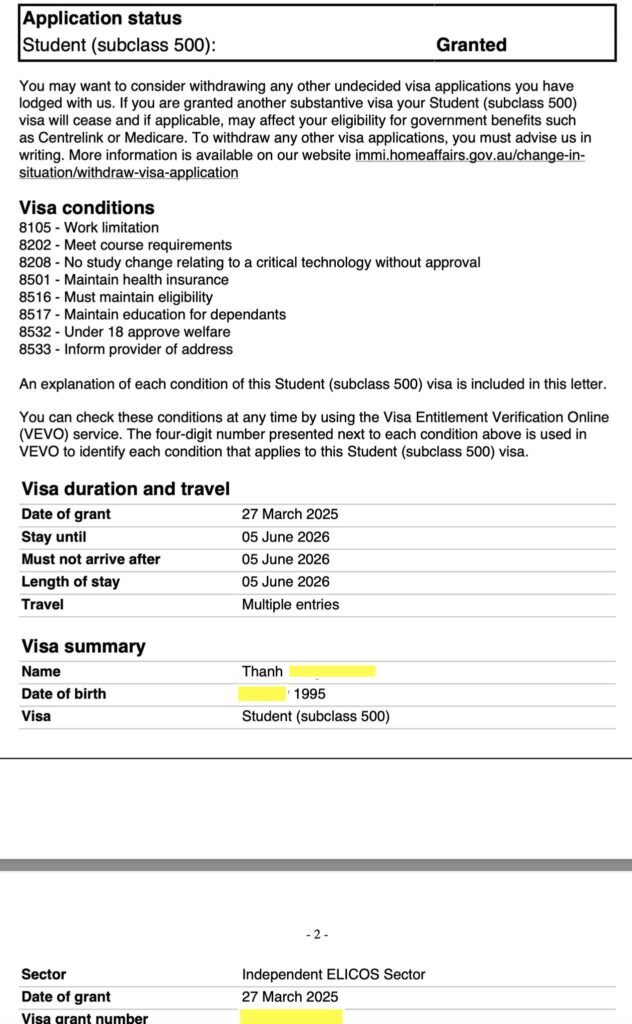 chúc mừng bạn Thanh đã có visa du học chuyển đổi từ visa 462. dạo gần đây di trú cũng xét khó hơn cho những trường hợp visa 462 sang 500. Hồ sơ của bạn may mắn khi có visa học tiếng anh 1 năm để luyện IELTS trước khi vào chuyên ngành. Các khoá tiếng anh đều khoảng $10,000/năm tại Melbourne, Sydney, Perth, Adelaide, Brisbane, etc.
