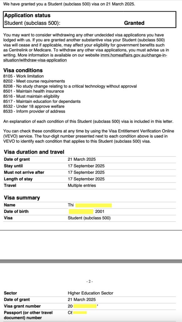 chúc mừng bạn Thi có student visa 500 để hoàn thành khoá MBA tại Usyd. Các trường lớn hiện giờ được bộ di trú priority trong việc xét visa, 2-4 tuần là có kết quả.