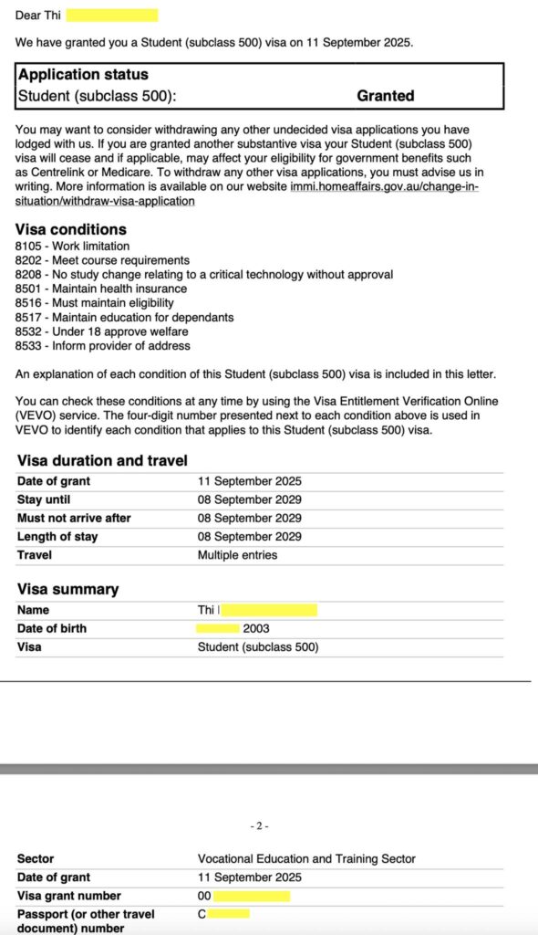 Chúc mừng bạn Thi gia hạn student visa được 4 năm để hoàn thành khoá học project management $6000/năm, đi học 2 buổi/tuần.