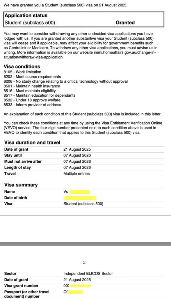 chúc mừng bạn Vũ đã chuyển thành công từ visa 462 sang student visa 500 để học tiếng anh 1 năm. Đây là bước khởi đầu cho visa học nghề tiếp theo.