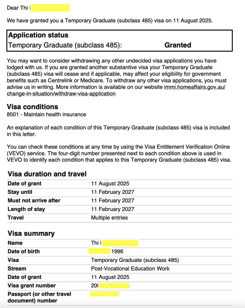 Hồ sơ Temporary Graduate (subclass 485) có kết quả trong vòng 1 tuần. Hiện giờ điểm PTE nếu test sau ngày 7/8/2025 đã thay đổi, các bạn liên hệ Du Học TNS Di Trú TNS để được chuẩn bị hồ sơ kĩ càng nhất có thể nhé.