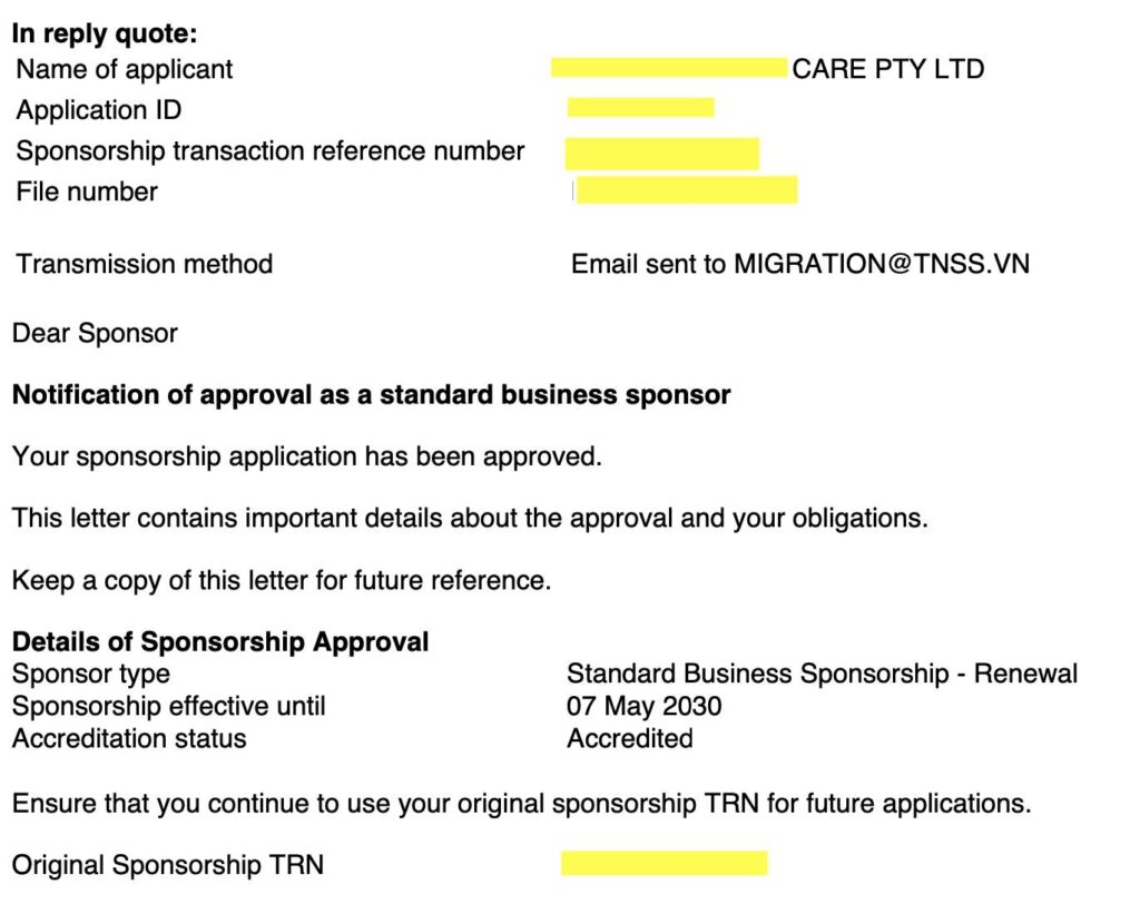 team Di Trú TNS Edward Nguyen quá xuất sắc, renew có Approval - Standard business sponsorship cho công ty Care Pty Ltd trong vòng 5 phút. Đây là bước đầu tiên để công ty có thể sponsor cho visa 482