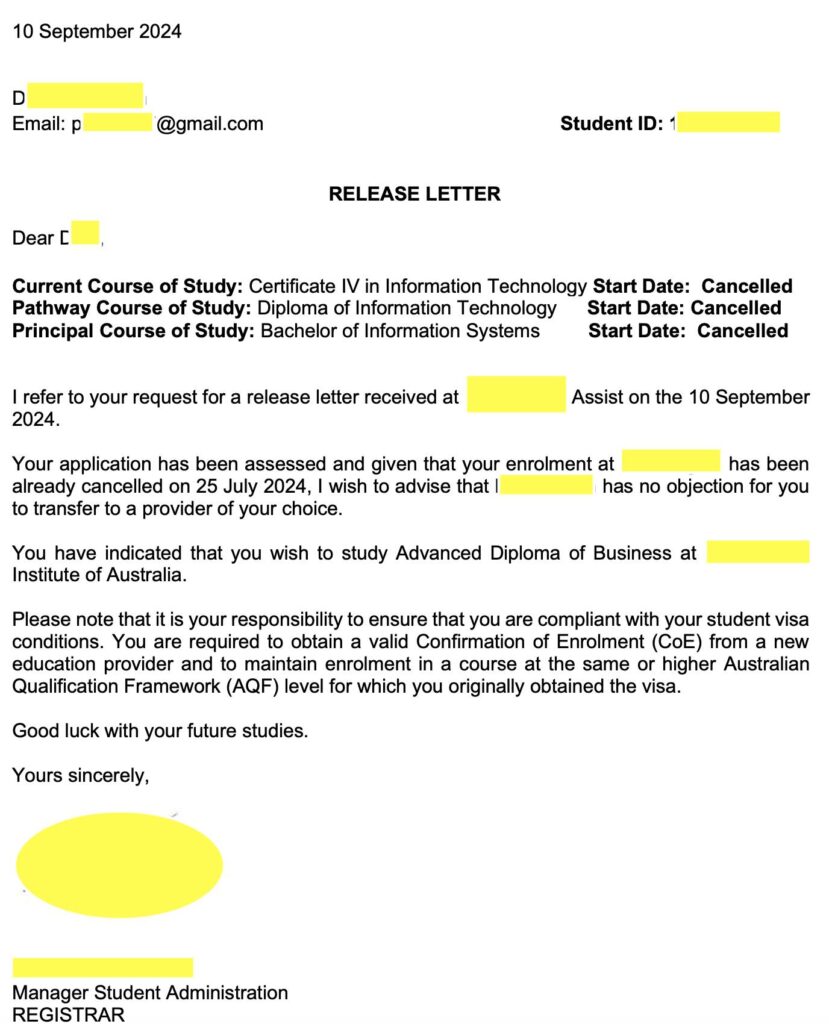 XIN RELEASE LETTER KHÔNG KHÓ VÌ ĐÃ CÓ TNS ĐỒNG HÀNH Bạn cảm thấy ngành học hiện tại không thực sự phù hợp với bản thân Bạn muốn chuyển ngành học hoặc trường học Agent ở Vietnam chọn cho bạn ngành IT và khi qua đây Dung ko thể học được và muốn chuyển trường khác học business theo sở thích bản thân. Vấn đề là mới học xong tiếng anh, xin package khoá học từ cert iv lên bachelor và cần RELEASE LETTER để chuyển trường.