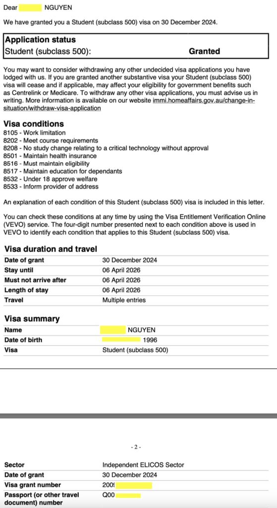 Chúc mừng 1 bạn khách hàng của Du Học TNS chuyển từ visa 462 sang 500 trong 1 tuần. Background : bạn T qua 462 được 1 năm, muốn chuyển qua visa học nghề tuy nhiên do điều kiện mới của di trú là ielts 6.0 bạn chưa có đủ. Học tiếng anh 1 năm là option tốt nhất hiện giờ. Du Học TNS chuẩn bị hồ sơ cho bạn trong 2 tuần, lodge visa 23/12 và đến 30/12 là di trú cấp visa.