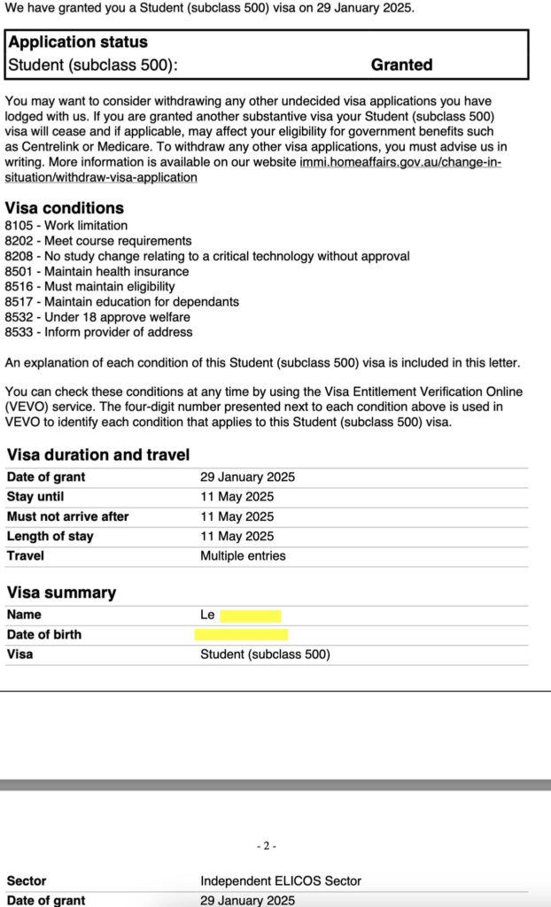 Chúc mừng bạn Lê có visa 500 mặc dù trường IH đóng cửa bạn Lê theo học khoá IELTS của IH và không may tháng 12/24 trường đóng cửa. Du Học TNS update cho di trú là bạn đang phải tìm trường mới sau khi IH đóng cửa. May mắn vào mùng 1 tết, bạn được visa grant đến 5/25. Thời gian như vậy là đủ để bạn chuẩn bị apply lên khoá nghề Childcare như mong muốn