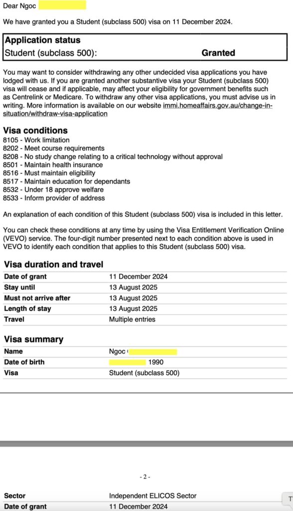 Chúc mừng bạn Ngọc có visa 9 tháng để học tiếng anh tại Sydney Background: Ngọc qua Úc sau khi đã học xong khoá bachelor of business tại Vn với visa 462, bạn định extend 462 tuy nhiên ko đủ điều kiện và tìm đến TNS khi sinh viên Vietnam lên level 3 (cần ielts và chứng minh tài chính). Chỉ 3 ngày nữa hết hạn visa 462, không có IELTS thì chỉ có cách apply 9 tháng tiếng anh để luyện IELTS. hồ sơ xin trường : 2 ngày, chuẩn bị hồ sơ và apply vào di trú cấp tốc trong 1 ngày May mắn có visa trong 2 tuần