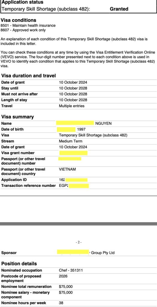 Chúc mừng bạn Thanh, khách hàng của TNS đã nhận được Visa chủ bảo lãnh (482) sau 4 tháng đợi Quá trình lấy Visa 482: ✅ 1/2022 – 12/2023: Hoàn thành khoá học Certificate IV in commercial cookery + Diploma of hospitality. ✅ 12/2024: TNS chuẩn bị hồ sơ cho cả nhà hàng và Thanh để nộp 482 với vị trí Chef, lương $75,000, 38 hours/week. Cám ơn bạn Thanh đã đặt niềm tin vào TNS và theo sát với định hướng ở lại Úc mà TNS đã tư vấn. Mặc dù Chef đã ra khỏi danh sách 491,190 NSW tuy nhiên rất nhiều nhà hàng sponsor cho nhân viên dưới dạng 482. -------- ‼Sau khi làm việc trên Visa 482 hai năm, các bạn có thể chuyển tiếp lên Visa 186 (Transition stream) ( PR).