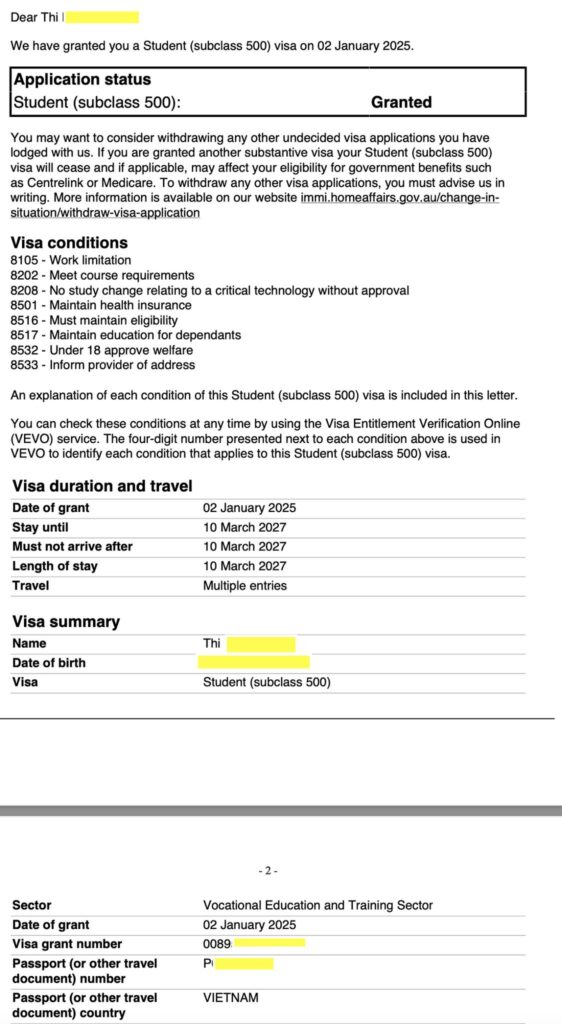 Chúc mừng bạn Thi có visa học nghề 2 năm cho khoá cookery. Case bạn khá đặc biệt là đang học cao đẳng tại IH, sắp hết hạn visa và trường thông báo đóng cửa ko dạy nữa vào ngày 9/12/24. Quá hoang mang bạn liên hệ Du Học TNS. TNS đã khuyên bạn ko nên lo lắng vì khi trường đóng cửa mình có 3 tháng để xin Coe trường mới và extend visa luôn. Thay vì cần 3 tháng, Du Học TNS đã apply và lấy coe khoá cookery trong 1 tuần, lodge visa vào 20/12/24 và may mắn có visa sau 10 ngày chờ đợi. Khả năng di trú thấy được trường IH đóng cửa ( provider default) ko phải lỗi của bạn và xét cũng rất nhanh cho trường hợp này.