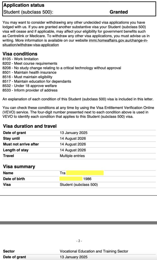 Chúc mừng bạn Trà tiếp tục có visa học nghề 2 năm cho hết khóa Carpentry. Bạn từng học hết các khoá bachelor, MBA tại úc, qua 485 và apply qua khoá Carpentry trước khi di trú đổi luật ko cho 485 apply 500 nữa. Sinh năm 1986 và học hết MBA, giờ chuyển qua học nghề, hồ sơ bạn cần giải trình rất nhiều và may mắn có visa sau 8 tháng chờ đợi.