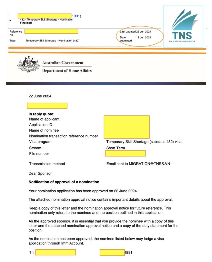 Chúc mừng nhà hàng ở Canberra nhận được Approval of Nomination để bảo lãnh Visa 482 chỉ sau 3 ngày nộp hồ sơ. TNS rất bất ngờ vì doanh thu không cao. Trường hợp như sau: Doanh Thu: dưới 1M Lượng nhân viên: 7 Số bàn: 13 Ngành nghề bảo lãnh: Restaurant Manager (Short-term Stream) Hiện tại DHA đang thắt rất chặt vấn đề định cư, nhưng đang ưu tiên cho dòng visa chủ bảo lãnh (Subclass 482/186/494…). Các bạn có bằng cấp và kinh nghiệm trong ngành trên 1 năm (trong office/ nhà hàng/ khách sạn…) có thể nói chuyện với chủ để chuẩn bị hồ sơ bảo lãnh nhé.