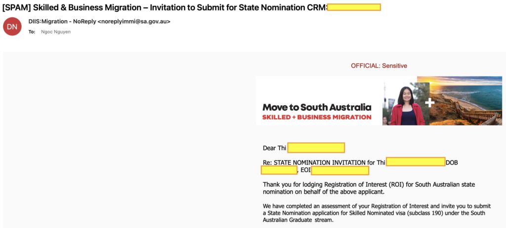 Khách hàng bên TNS đã nhận được invite cho 190 từ tiểu bang South Australia vào hôm qua sau 10 ngày nộp hồ sơ.