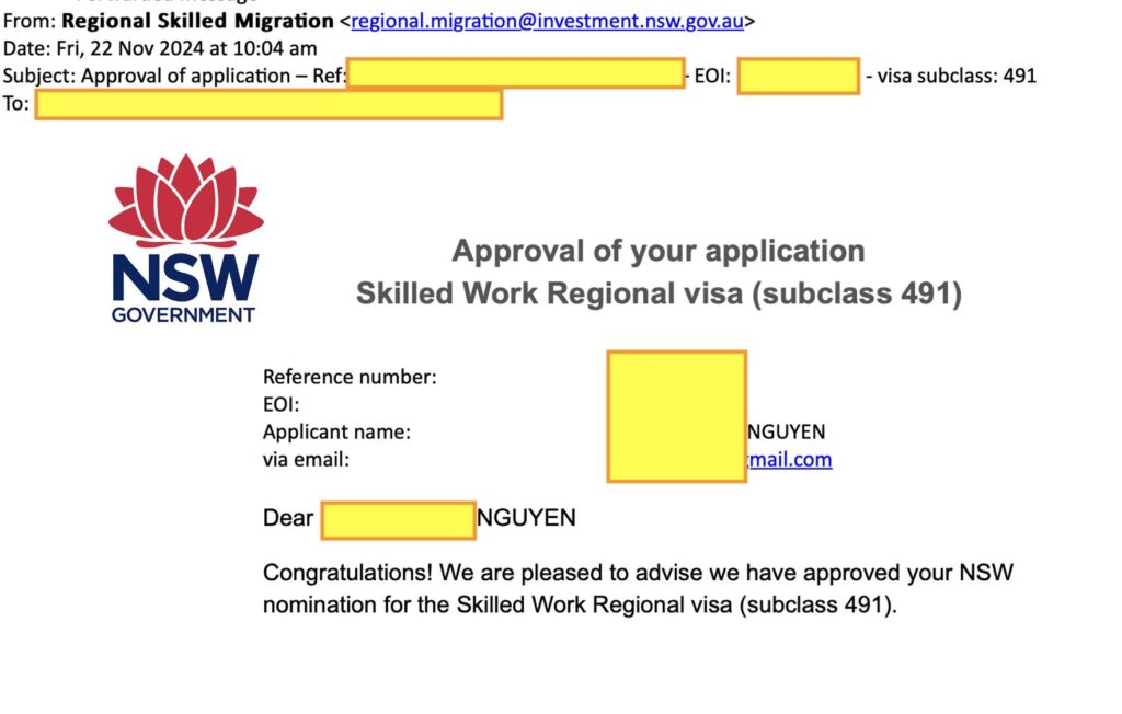 Restaurant Manager - vẫn lấy được Nomination 491 ở NSW‼ Chúc mừng bạn “Q” đã nhận được Nomination của Visa 491 ở NSW trong vòng 1 ngày khi nộp Registration of Interest vào hôm qua. (tới thứ 5 nộp ROI, sáng thứ 6 có approval) ✅Hồ sơ của bạn “Q” đã theo TNS và được hướng dẫn trong vòng 3 năm, từ lúc đăng kí khoá học, đi làm lấy kinh nghiệm, làm Skill Assessment và lấy Nomination từ NSW. ✅Mặc dù các ngành về hospitality không còn trong danh sách định cư tay nghề của NSW, nhưng vẫn còn 1 vài pathway để xin được Nomination.