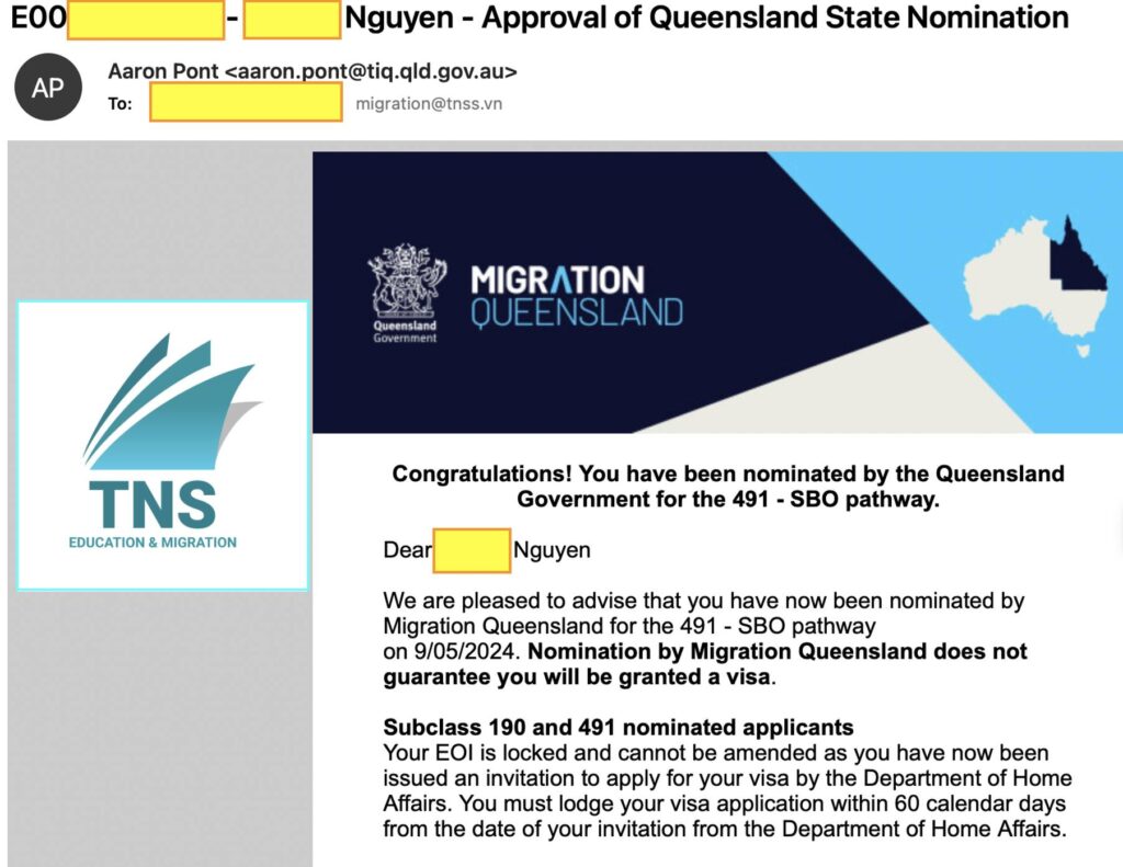 Small Business Owner (SBO) - Queensland Chúc mừng khách hàng của TNS (gia đình 4 người) đã nhận được Nomination của tiểu bang Queensland cho Visa 491 theo dòng Small Business Owner (SBO) với tốc độ rất nhanh chỉ sau 1 ngày nộp hồ sơ Hồ sơ có background như sau: Skill Assessment: Accountant PTE 50 + professional Year Mở nhà hàng ở Gold Coast - hoạt động được 6 tháng Cám ơn gia đình bạn “Q” đã đặt niềm tin với TNS trong thời gian qua. Nếu bạn có tài chính tốt và có máu kinh doanh thì dòng SBO ở tiểu bang Queensland là 1 trong những cách xin Visa 491 rất nhanh (Mặc dù chỉ tiêu của Visa 491 cho năm tài chính 2023-2024 đã giảm đáng kể)