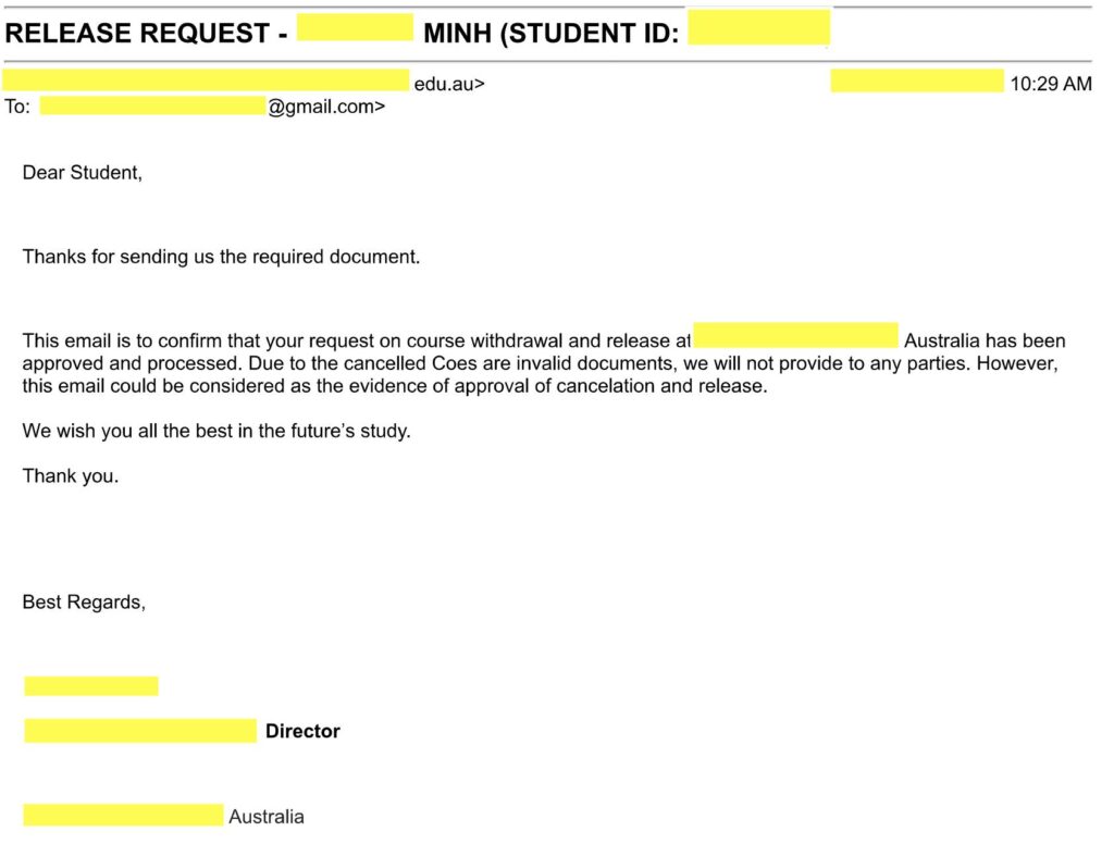 XIN RELEASE LETTER KHÔNG KHÓ VÌ ĐÃ CÓ TNS ĐỒNG HÀNH Bạn muốn chuyển ngành học hoặc trường học Mất 2 tháng để Du Học TNS xin được RELEASE LETTER cho bạn Minh, bạn này xin package học cert iv project Management + dịp+ adv dịp project management nên nếu ko xin được release bạn phải học ít nhất tại trường cũ 2.5 năm ( hết 6 tháng khoá Advanced diploma) mới được chuyển Lần đầu xin release ko được, complain 2 lần lên Director of studies và cuối cùng có được Release letter và Minh được chuyển qua khoá học cookery như mong muốn.
