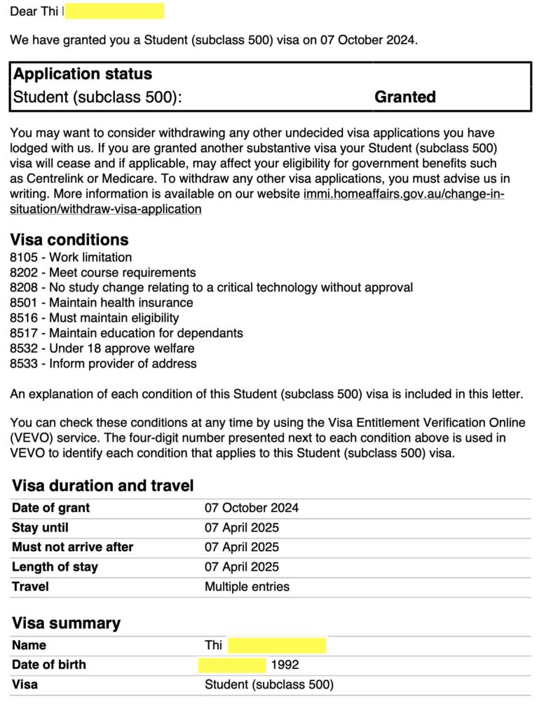 apply học các khoá tiếng anh khoảng 9 tháng- 18 tháng nếu tường trình tốt vẫn được visa 500. chúc mừng bạn Thi đã tách từ dependent visa 500 sang visa 500, sau đó sẽ tiếp tục học nghề như mong muốn.