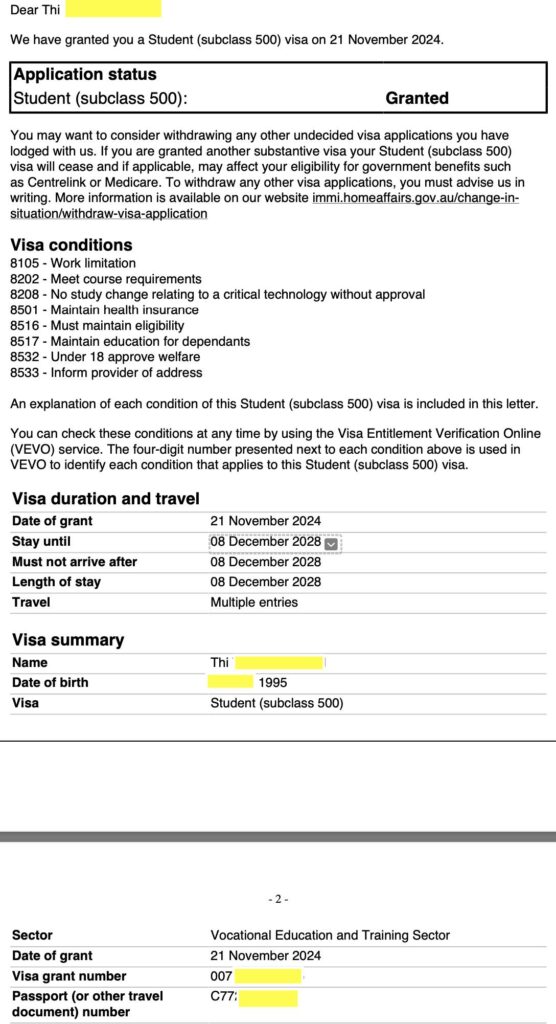 chúc mừng Thi có visa 4 năm để tiếp tục khoá nghề marketing tại Sydney. background: Thi qua Úc 5 năm trước và học 1 năm tiếng anh + 4 năm khoá project Management $6000/năm do Du Học TNS làm. Bạn học có bằng cấp và bảng điểm tốt nên mặc dù extend visa thêm khoá nghề học phí mềm $6000/năm thì cơ hội extend student visa vẫn cao.