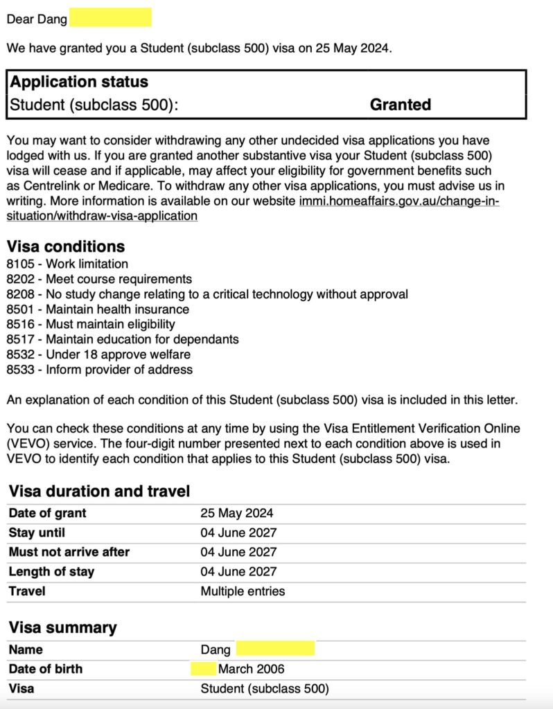 chúc mừng bạn Đăng vừa tròn 18 tuổi có visa học nghề 3 năm. Đăng đang học year 11 tại NSW high school và contact TNS vào tháng 3 khi bạn 18 tuổi, quyết định học ageing support + Diploma Community services, sau này nhắm đến PR 190, TR 491. TNS withdraw high school học phí $18,000/năm cho bạn vào tháng 4 để ko đóng tiền học kì tiếp theo, thay vào đó học khoá VET như trên $10,000/năm. Apply trường, test tiếng anh đầu vào trong 2 tuần, lấy Coe và có visa trong 1 tháng. hồ sơ học high school tại Úc chuyển lên học nghề hoặc Uni di trú đang xét khá nhanh.