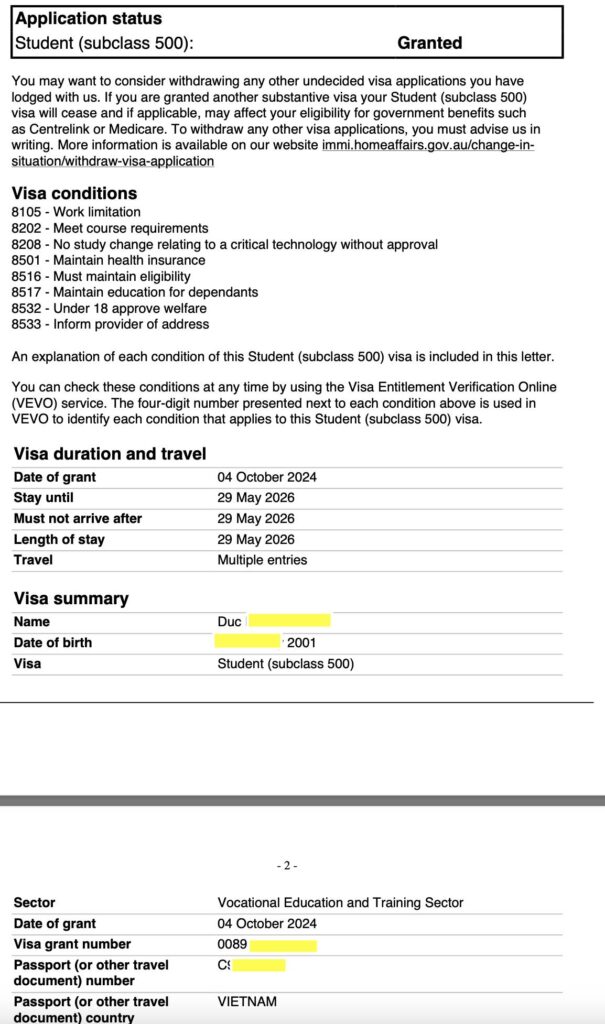 chúc mừng bạn Đức có visa để học khoá Certificate IV kitchen management and Diploma of hospitality. khoá học này rất tiềm năng để sau này lấy skills assessment cho CHEF, nằm trong danh sách long term để apply PR 189,190. các visa học nghề ( vocational) vẫn được Grant ầm ầm nếu background học hành tốt và viết tường trình thuyết phục.