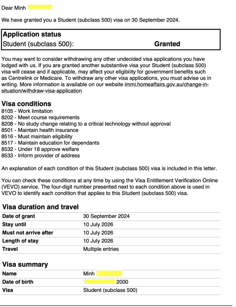 chúc mừng bạn Minh có visa học tiếp 2 năm tại úc, Minh qua từ năm lớp 9 và 7/2026 sẽ là 10 năm bạn học tại úc. học tại úc dưới 10 năm và có bằng cấp đầy đủ thì việc gia hạn visa du học vẫn khả thi.