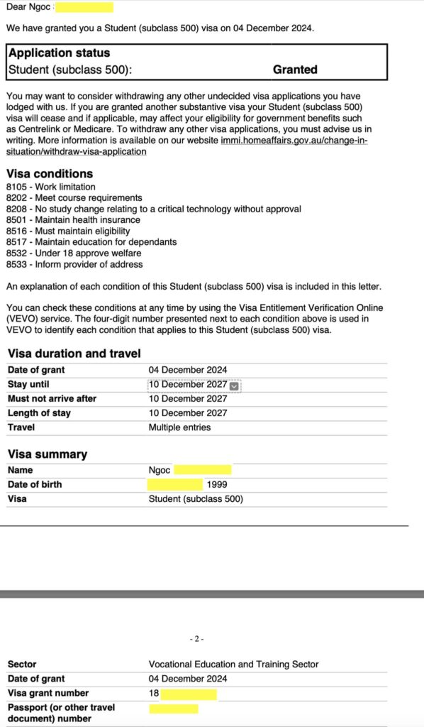 chúc mừng bạn Ngọc có visa học tiếp 3 năm học nghề tại Úc. Ngọc qua Úc học tiếng anh và cao đẳng marketing được 4 năm, và giờ gia hạn thêm 3 năm nữa = 7 năm học tại Úc. Nếu các bạn có bằng cấp đầy đủ thì việc gia hạn visa du học vẫn khả thi