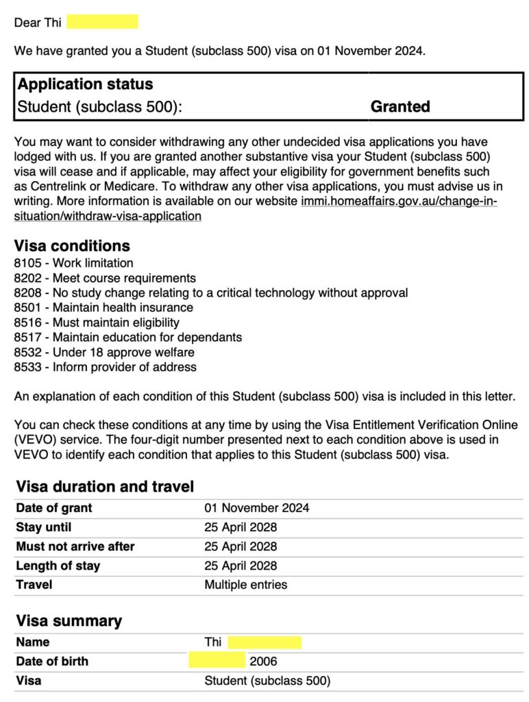 chúc mừng bạn Thi đã có visa học package khoá cert Iv marketing, Diploma and Adv diploma marketing với mức học phí $6000/năm. Thi mới học xong lớp 11 tại Brisbane và quyết định học trường cao đẳng chứ ko tiếp tục học 12 nữa. Du Học TNS đã tiến hành xin trường cho bạn trong 2 tuần và visa trong 4 tháng để bạn có thể tiếp tục học tại Úc với mức chi phí siêu hợp lý.